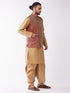 Vastramay Men's Rose Gold Solid Silk Blend Kurta and Dhoti With Maroon Nehru Jacket